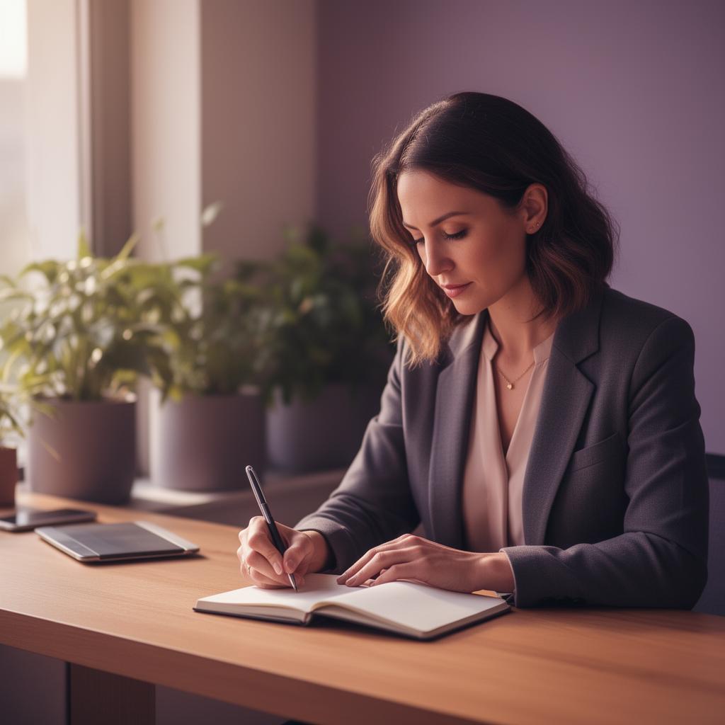 Mujer profesional escribiendo en una libreta, ambiente cálido